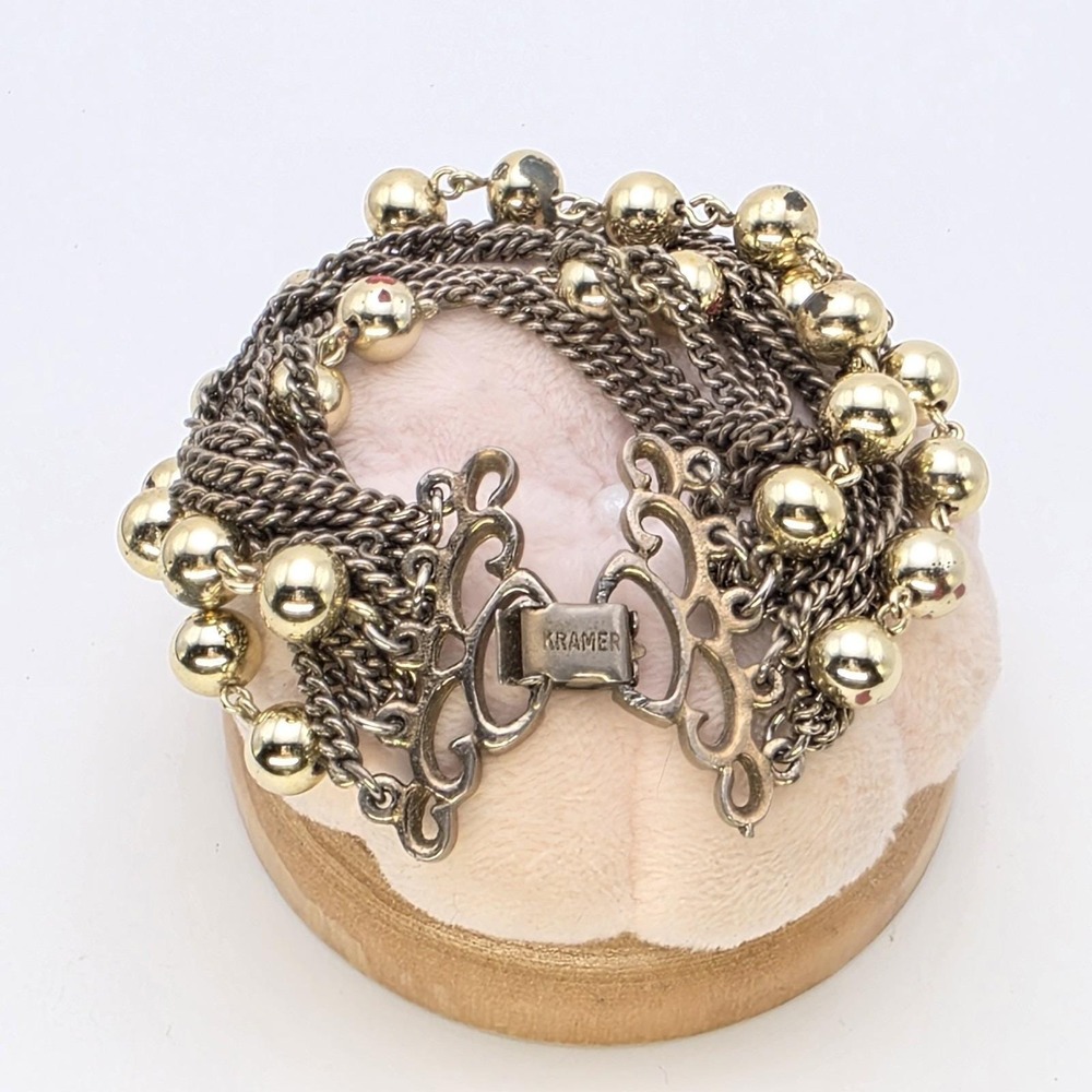 Vtg KRAMER NY Multi-strand Bracelet Denmark Chain & Bead 8" Gold Tone Signed‎